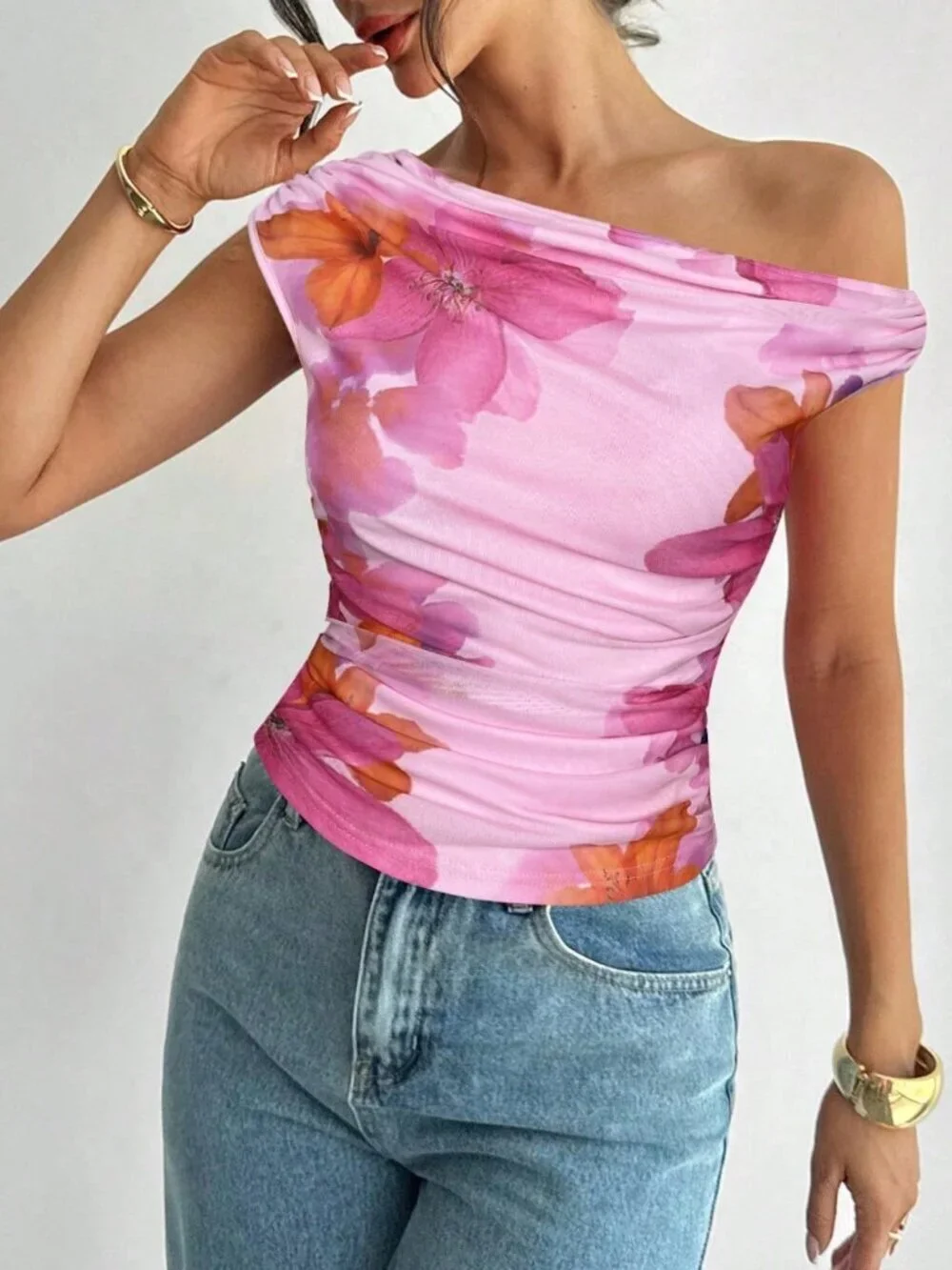 Multicolor Casual Women's Asymmetrical Tie-Dye Ruched Boho Blouse